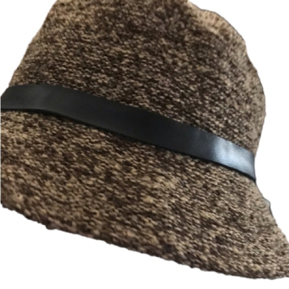 Danier tweed fedora hat brown and tan with black leather band